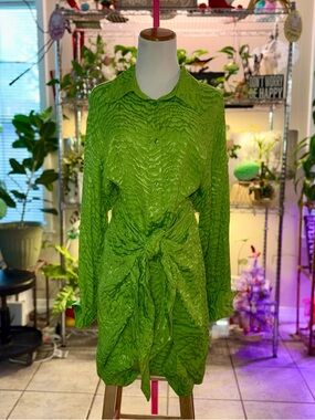 H&M Sz XL Green Tie-Waist Shirt Dress